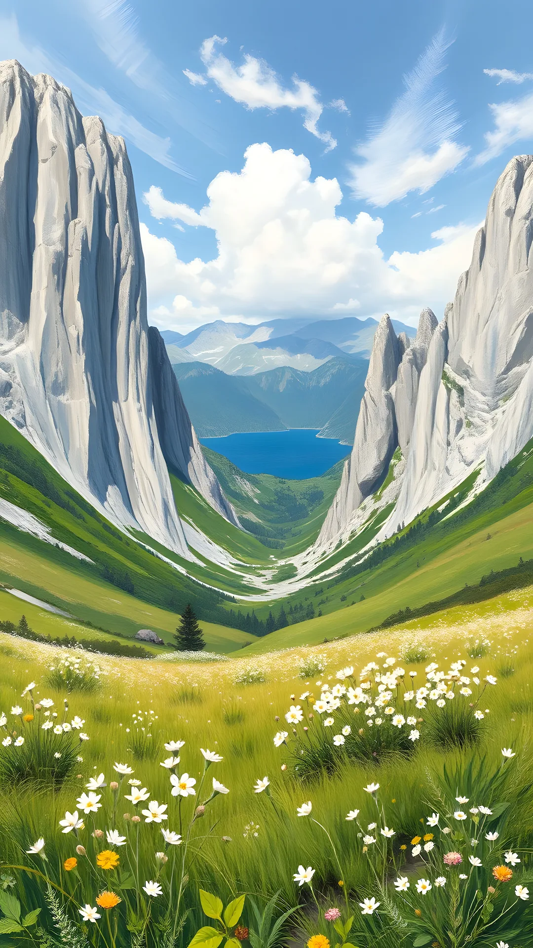 Lush Alpine Valley Meadow Lake Oil Painting Style - Free 4K mobile Wallpaper