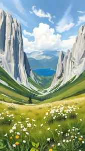 Lush Alpine Valley Meadow Lake Oil Painting Style