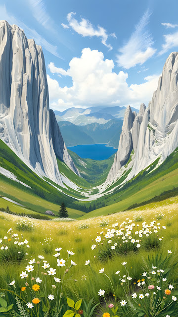 Lush Alpine Valley Meadow Lake Oil Painting Style - Free mobile Wallpaper