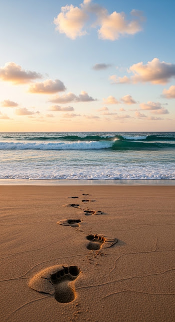 Sandy Beach with Footprints and Gentle Waves at Sunset with Colorful Sky - Free mobile Wallpaper