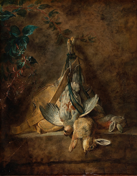 A Still Life Two Rabbits a Grey Partridge Game Bag and a Powder Flask 1731