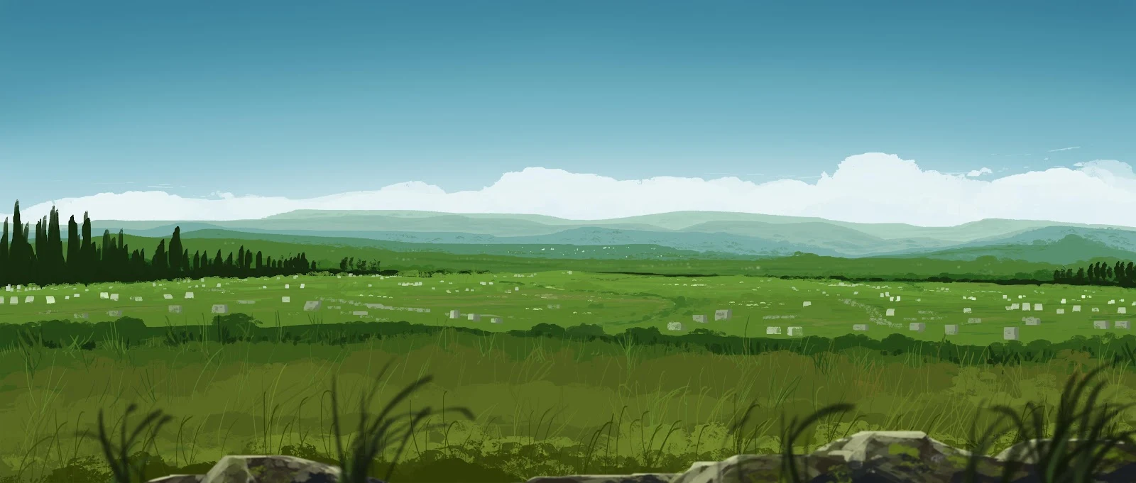 Wide Green Valley Landscape - Digital Painting 4K Wallpaper (5640x2400)