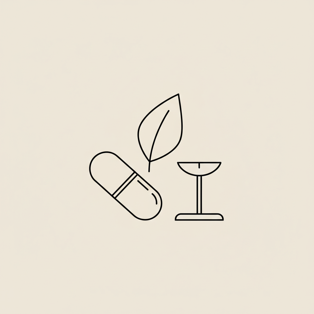 Minimalist line illustration of a capsule, stylized leaf, and small scale on beige background representing ozempic alternatives otc and balanced weight management