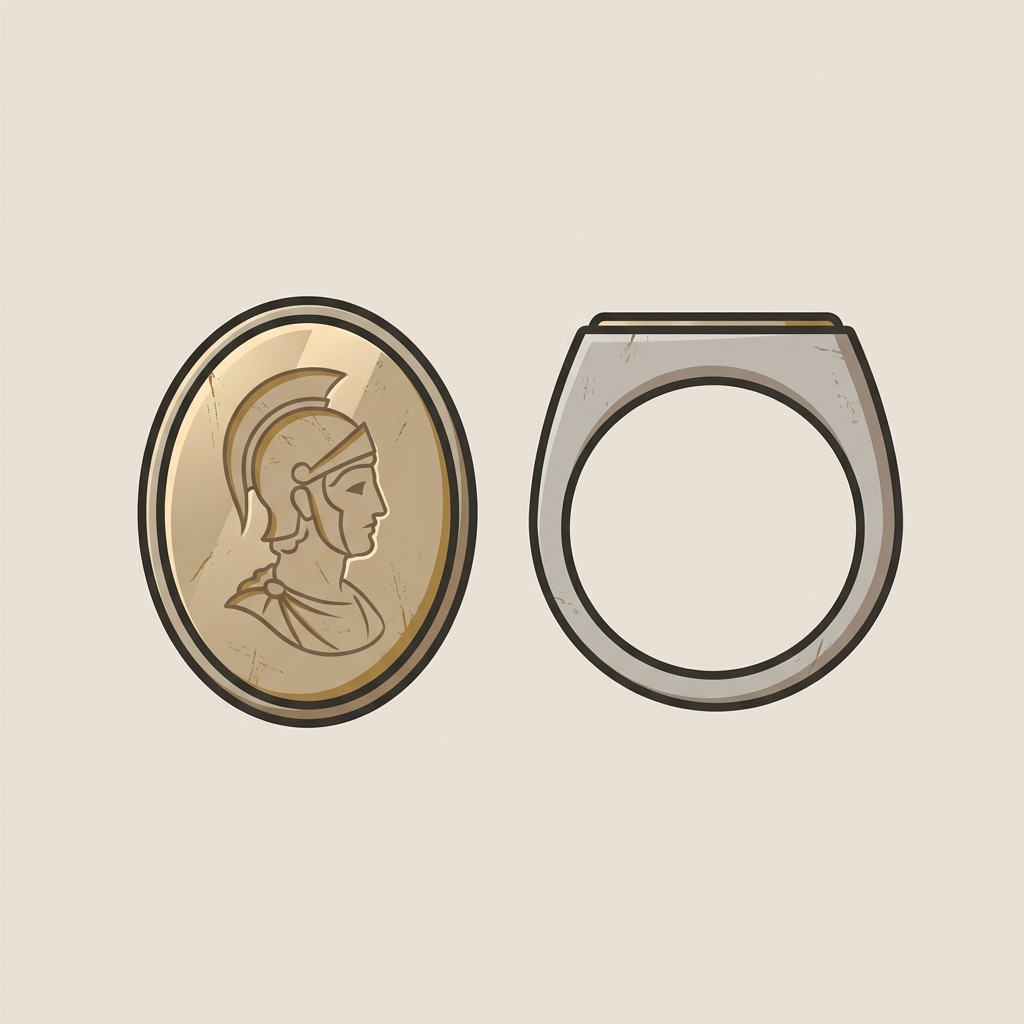 Minimal 2D vector depiction of a Roman intaglio ring showing carved stone and hoop profile with surface wear in Aurora Antiqua palette ancient wedding rings