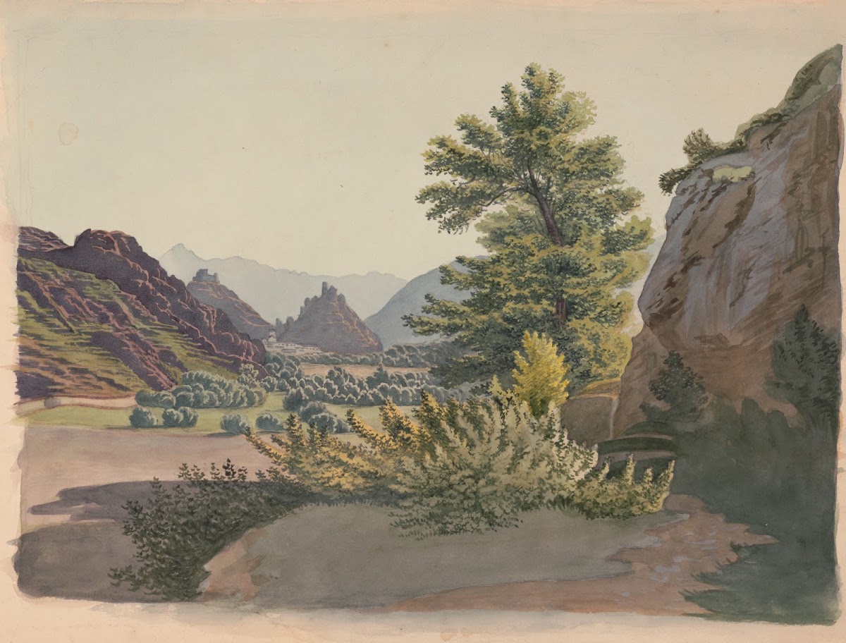 Western scene with buttes and possibly a pueblo community in the distance as see
