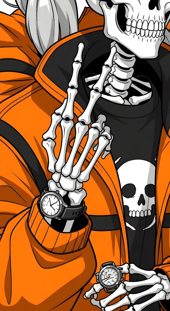 Edgy Skeleton Character Checking Time in Orange Jacket