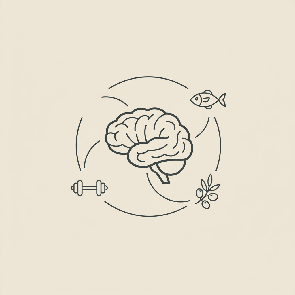 How do I improve my memory? Minimalist 2D vector line illustration of a brain connected to a fish, an olive branch, and a dumbbell on a beige background.