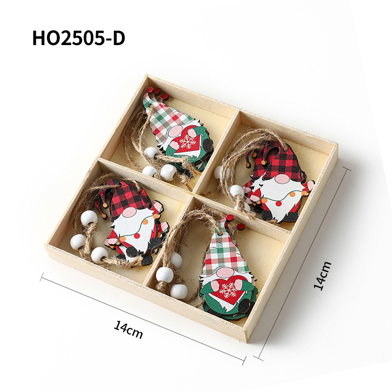 Christmas Wooden Ornament Set, 4-piece box with gnome motifs