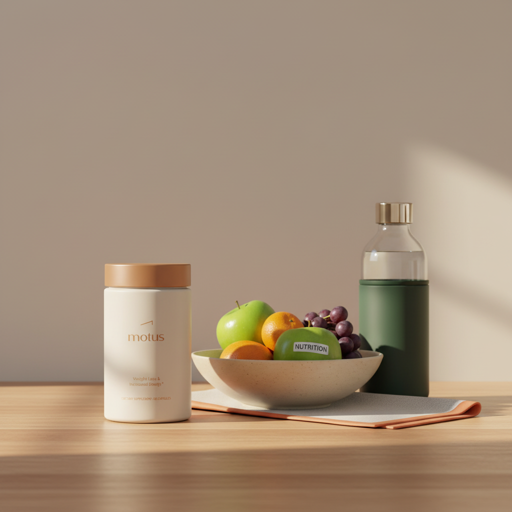 Minimalist kitchen counter with Tonum Motus supplement jar beside a bowl of seasonal fruit and a reusable water bottle on flat beige background #F2E5D5, illustrating what is sustainability in everyday weight-loss routines.
