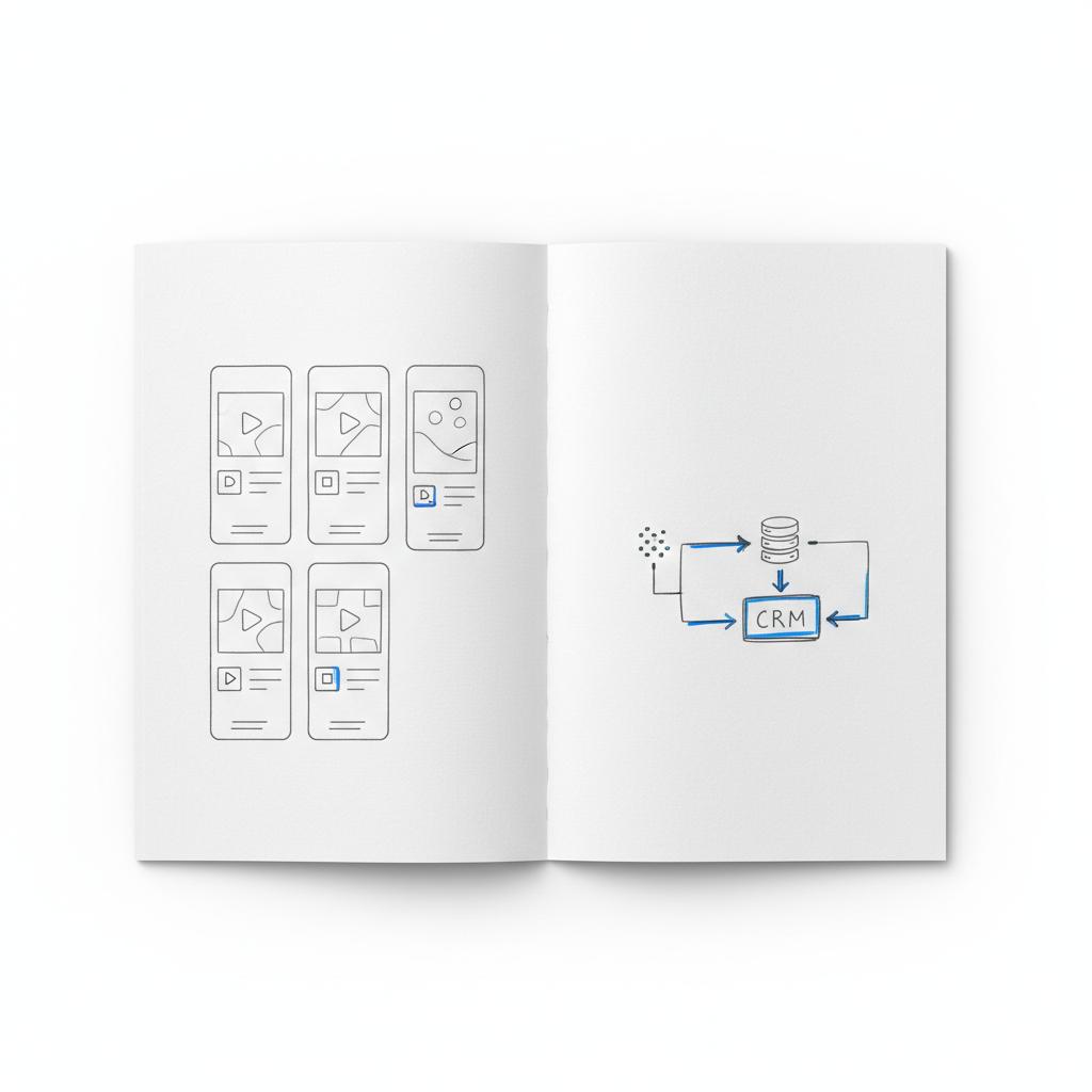 Close-up notebook spread with hand-drawn mobile ad thumbnails and a small flowchart linking pixel and server icons to a CRM box, minimalist sketches &mdash; facebook ads mistakes
