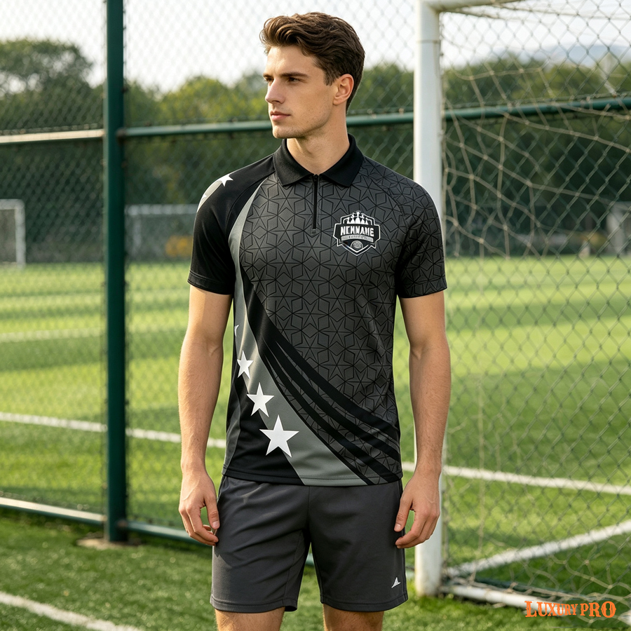 AOP Raglan Sleeve Zip Polo Shirt with Turn Down Collar