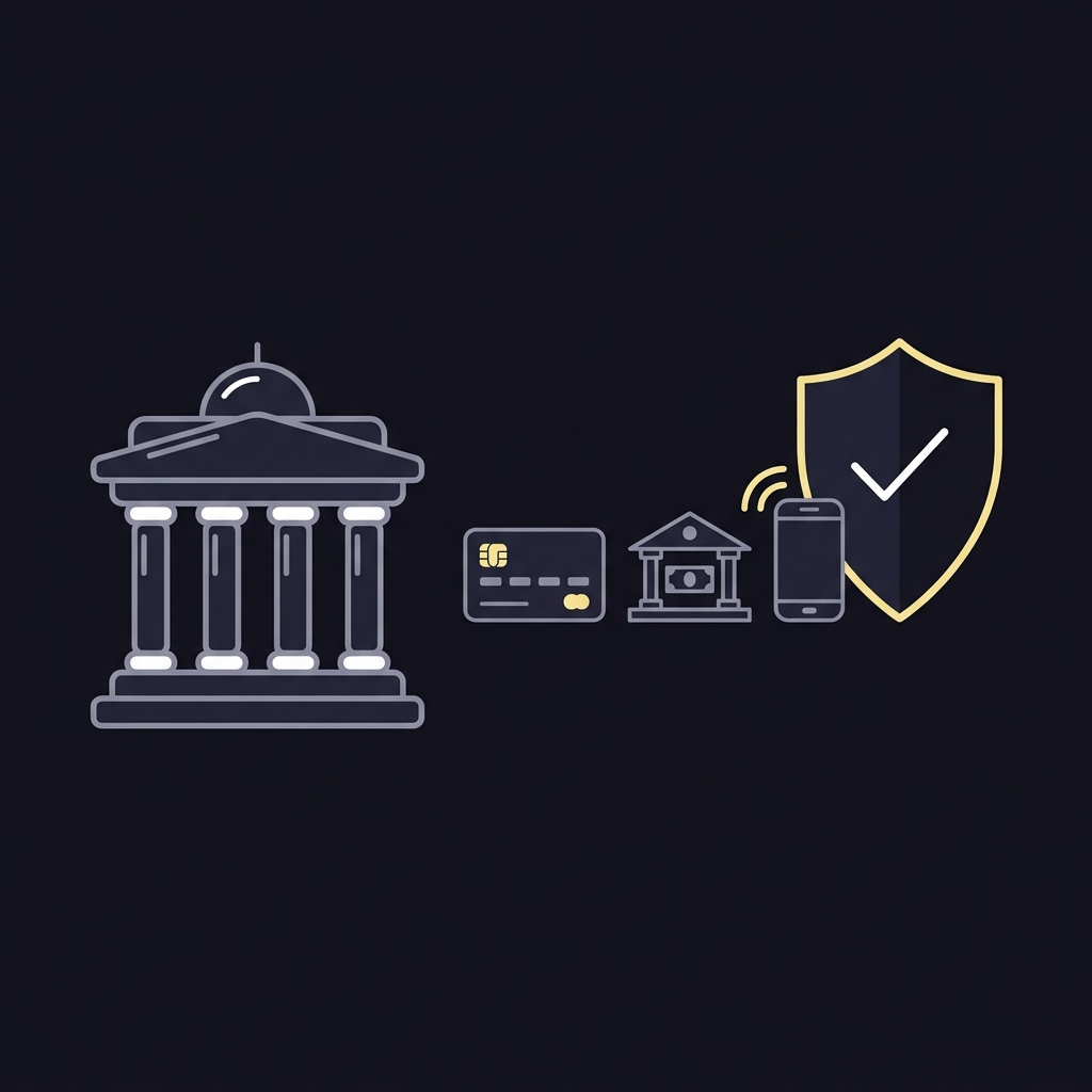 Minimalist 2D vector icons showing a regulator building next to generic payment method icons and a shield representing secure transactions for mystake sportsbook on a dark Funded Plays style background