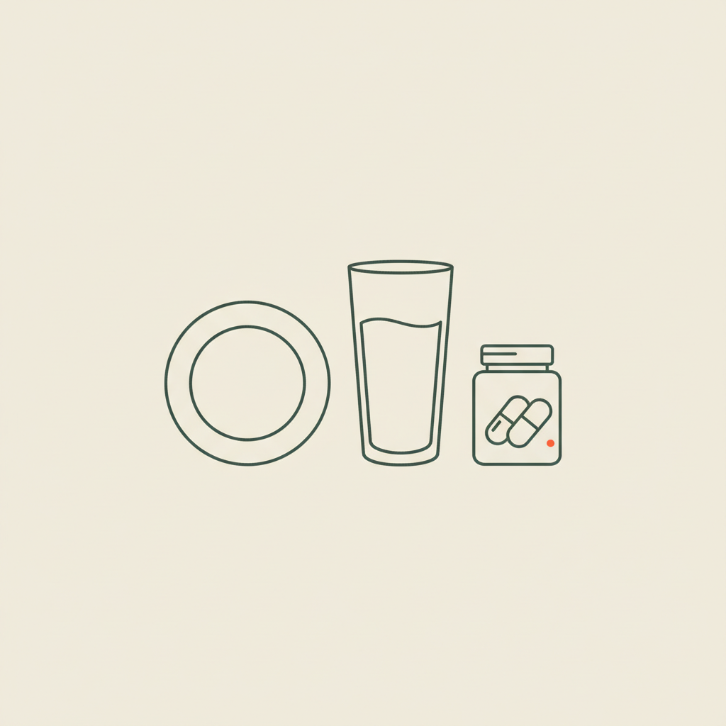Minimalist vector line illustration of a plate, glass, and supplement jar representing protein shakes per day on a beige background.