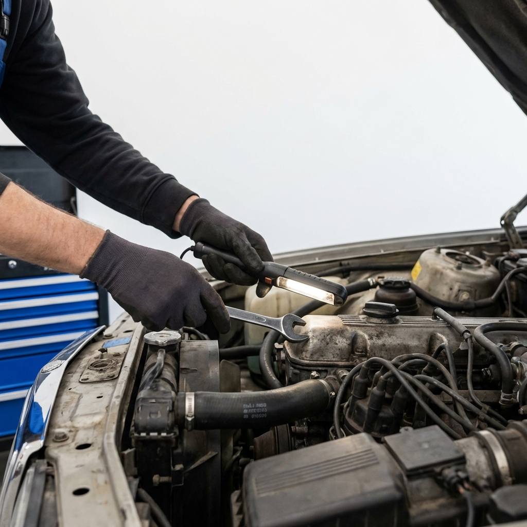 Close up of gloved mechanic hands performing a pre purchase inspection on an older sedan engine bay highlighting most reliable used car under 6000 with subtle 3666ed toolbox accent