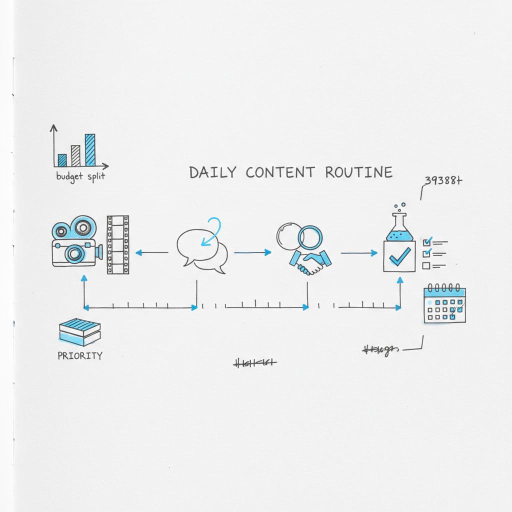 Notebook-style sketch of a daily content routine with film, comment, collab and test icons linked by arrows illustrating a plan to gain 30 followers a day