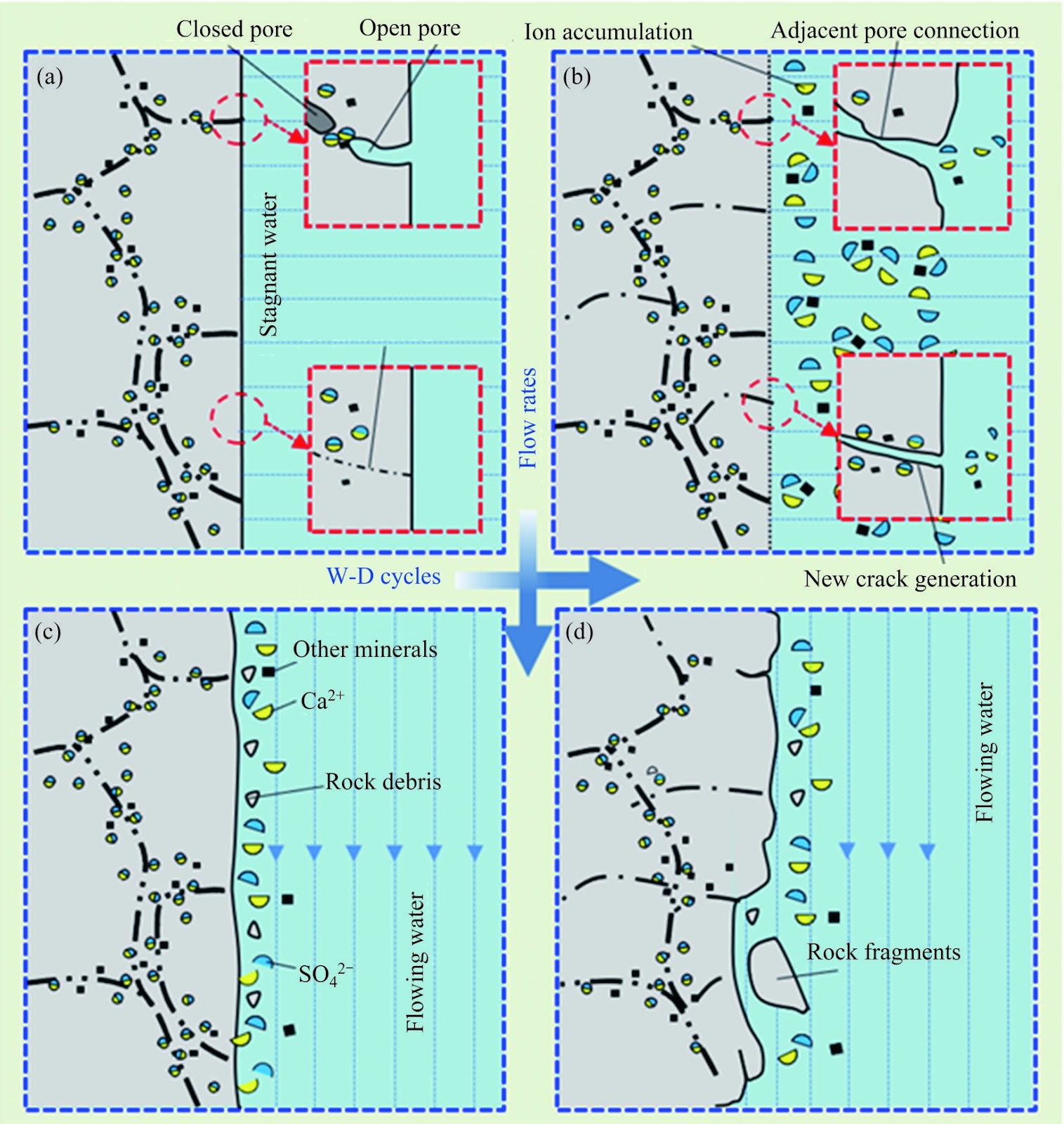 Static compressive mechanical properties and disturbed state concept-based theoretical model of gypsum rocks with coupled influences of wet-dry cycles and flow rates