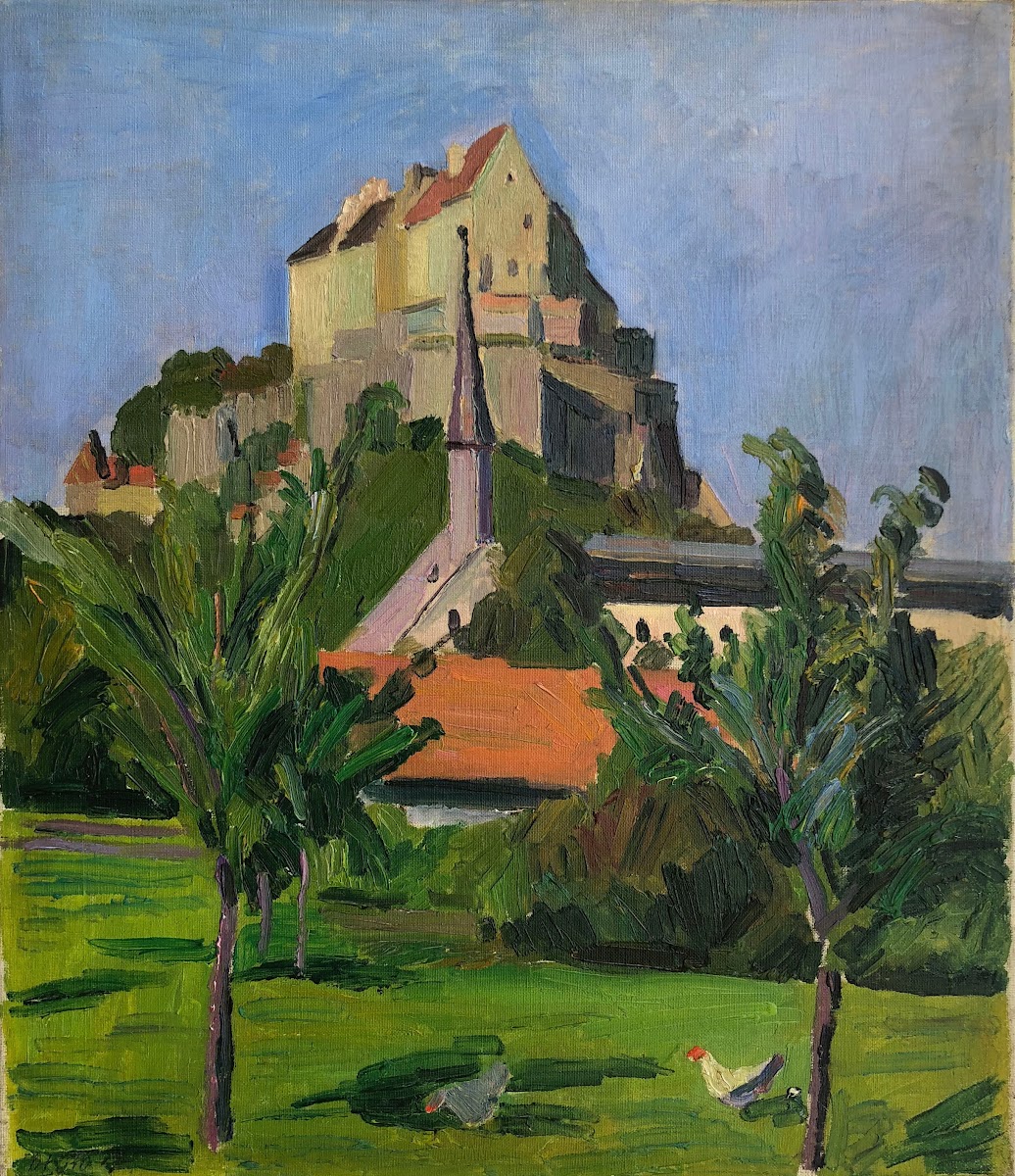 Burghausen  Garten mit Hühnern im Hintergrund die Burganlage 1910