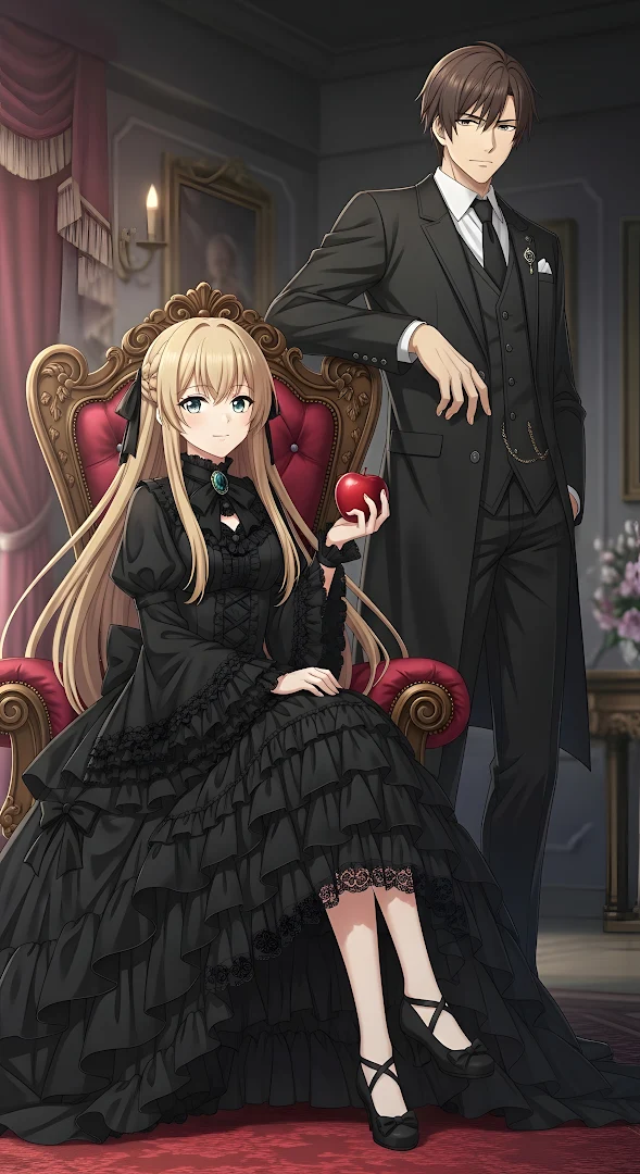 Anime Victorian Couple in Gothic Black Dress and Tuxedo