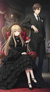 Anime Victorian Couple in Gothic Black Dress and Tuxedo