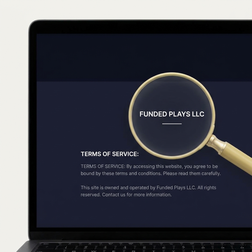 Close up laptop screen showing website footer and terms of service with a magnifying glass highlighting the corporate name in a minimalist Funded Plays style with navy background betamerica horse racing