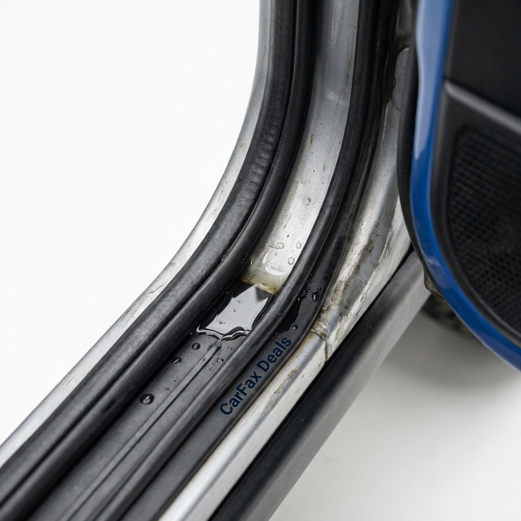 Close up of A pillar and door seal of a used jeep wrangler for sale showing a small pool of water near the door sill on a white minimalist background with CarFax Deals blue accents