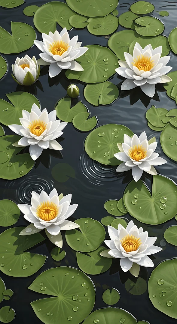 Dense Pattern of White Water Lilies on Dark Pond Water