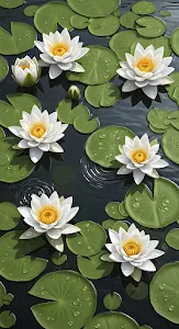 Dense Pattern of White Water Lilies on Dark Pond Water