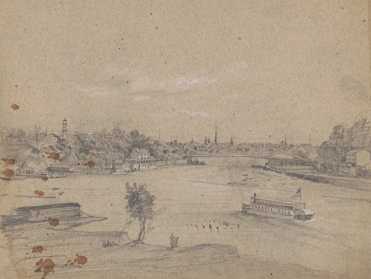 Birds eye view of the Fairmount Water Works from above the Schuylkill River 1856