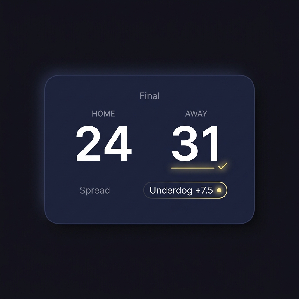 Minimalist scorecard on dark Funded Plays background showing final 24 to 31 and underdog +7.5 covering the spread illustrating how to bet on the spread in football