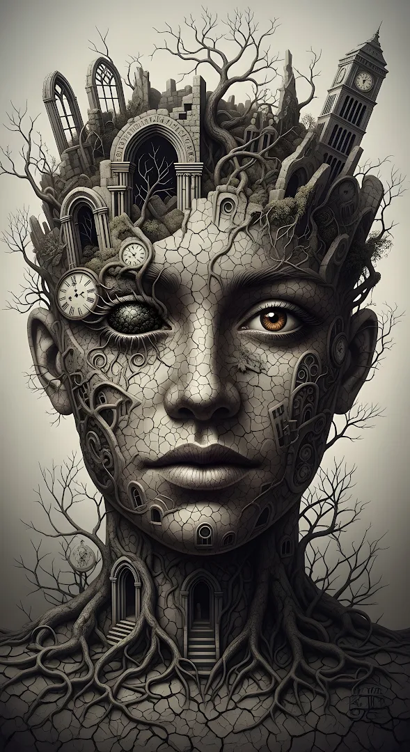 Surreal Human Head Merged with Gothic Ruins and Roots