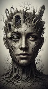 Surreal Human Head Merged with Gothic Ruins and Roots