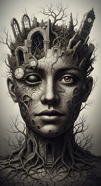 Surreal Human Head Merged with Gothic Ruins and Roots - Free mobile Wallpaper