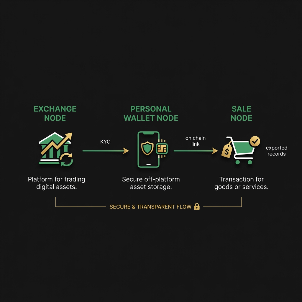 Minimalist infographic showing a flow from exchange to personal wallet to sale with labels KYC on chain link and exported records illustrating best place to buy crypto