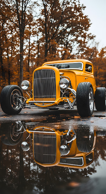 Yellow Vintage Hot Rod Reflected in Autumn Puddle - Free mobile Wallpaper