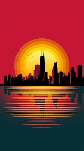 Minimalist Vector Illustration of Chicago Skyline at Giant Orange Sunset
