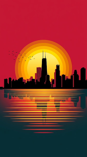 Minimalist Vector Illustration of Chicago Skyline at Giant Orange Sunset - Free mobile Wallpaper