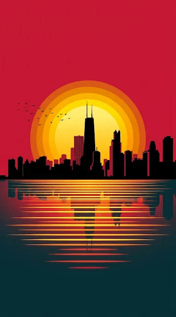 Minimalist Vector Illustration of Chicago Skyline at Giant Orange Sunset