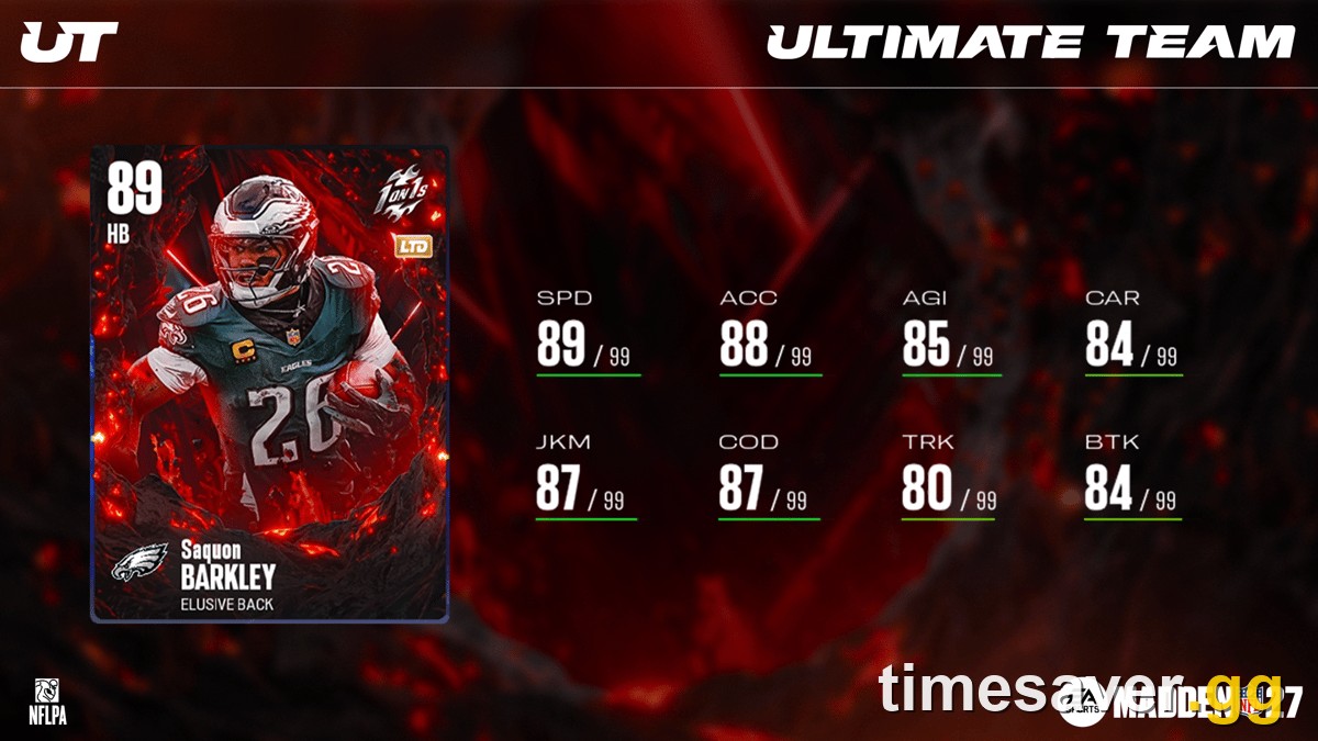 Madden NFL 27 Ultimate Team LTD player card (Saquon Barkley) — the kind of tradeable card you pull from a pack and sell on the Auction House for coins