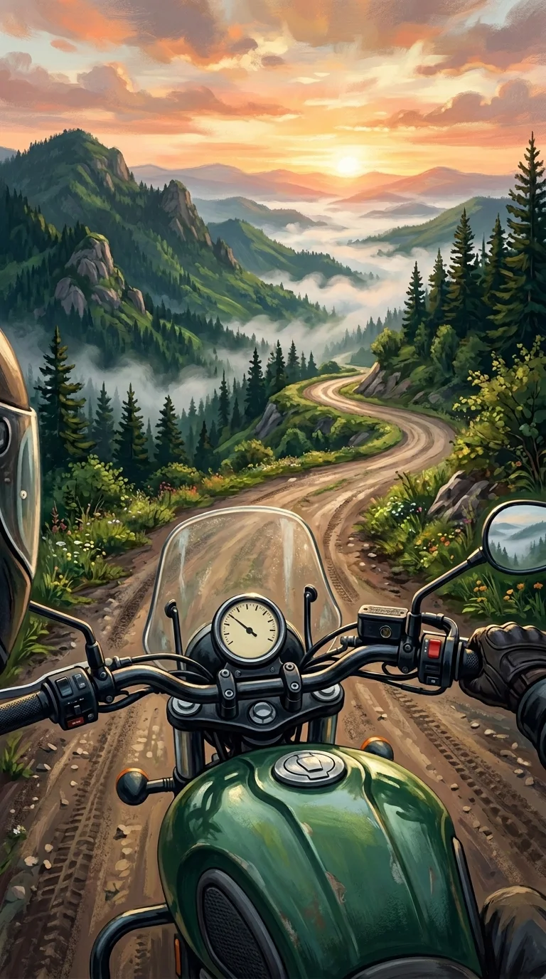 Point of View Illustration of a Motorcycle on a Winding Mountain Road at Dawn - Free 8K and 4K mobile Wallpaper Background
