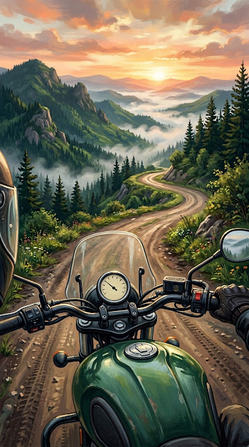 Point of View Illustration of a Motorcycle on a Winding Mountain Road at Dawn - Free mobile Wallpaper