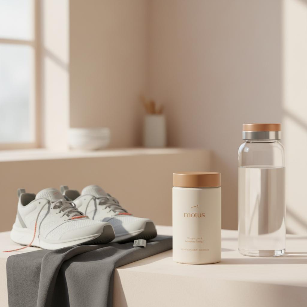 Motus supplement bottle on a minimalist kitchen counter beside a water bottle and running shoes, Tonum lifestyle scene illustrating how to burn 1000 calories