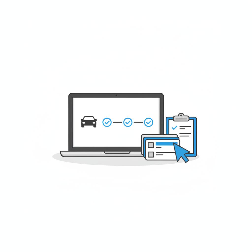 Minimalist 2D vector of a desk with a laptop showing a vehicle history report and stacked maintenance records with a cursor pointing at a record representing a buyer review for dodge car dealerships near me