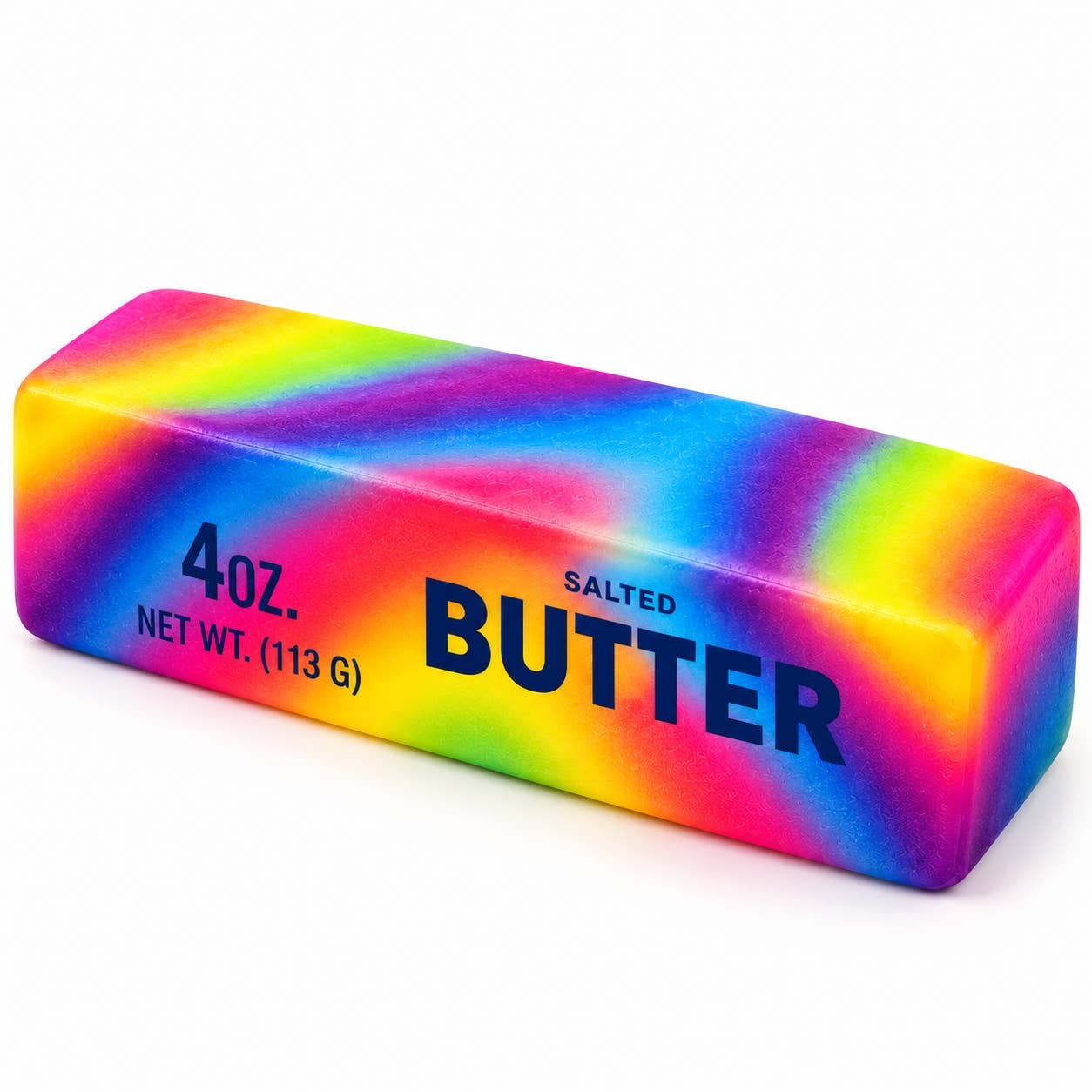 A tie-dye rainbow butter squishy, a six-inch slow-rise foam block in pastel swirls