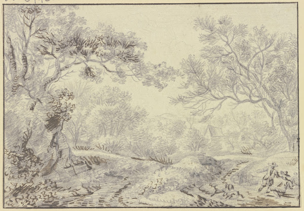 Waldweg im Hintergrund ein Haus vorne rechts zwei Rastende