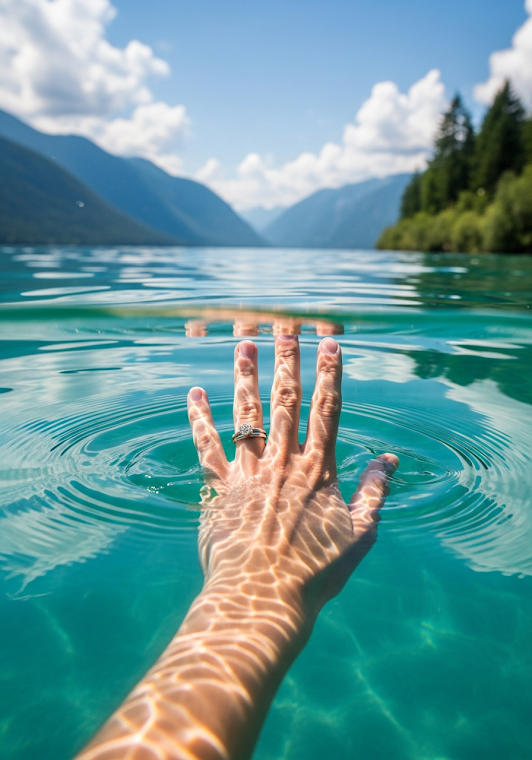 Hand Emerging from Clear Lake Water