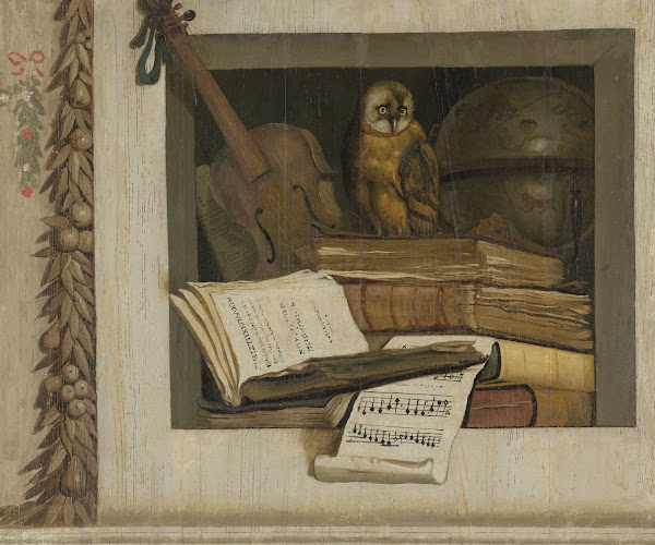 Still Life with Books Sheet Music Violin Celestial Globe and an Owl 1645   1650
