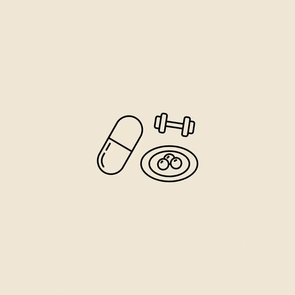 Minimal Tonum-style 2D vector line illustration of a capsule, small dumbbell, and a plate with berries on beige background, representing berberine for weight loss