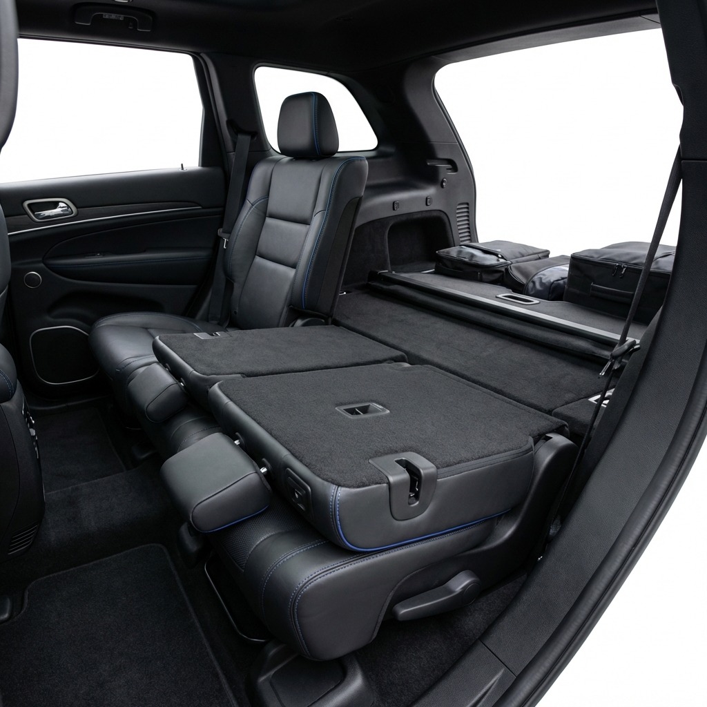 Close full frame interior view of a Jeep Trackhawk rear seats with one seat folded revealing cargo space and flexibility minimalist white background subtle blue accents trackhawk for sale