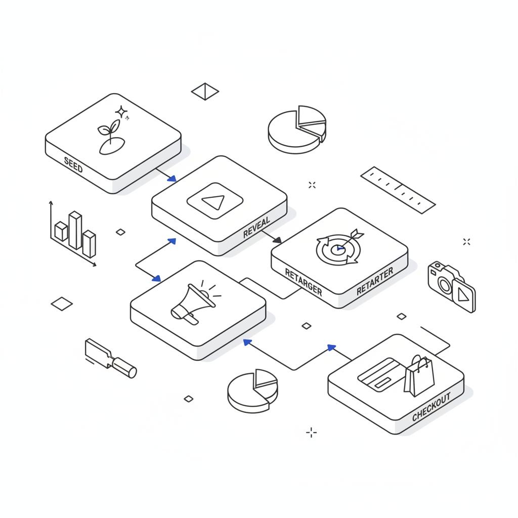 Isometric 2D vector campaign calendar schematic with icons for seed, reveal, retarget, and checkout plus arrows and analytics symbols in Agency Visible colors for TikTok event marketing