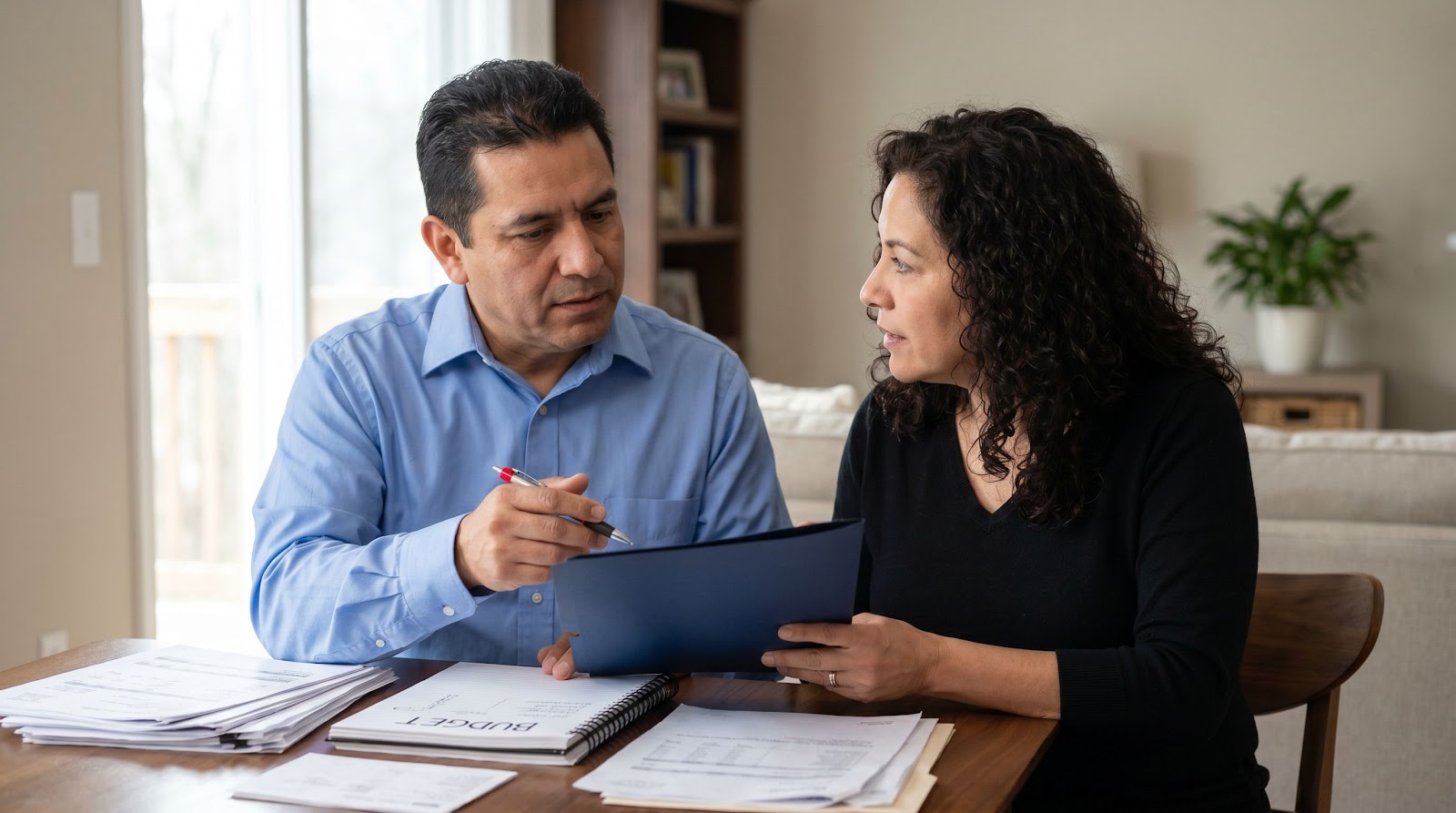 Hispanic Florida couple reviewing florida life insurance living benefits options at home